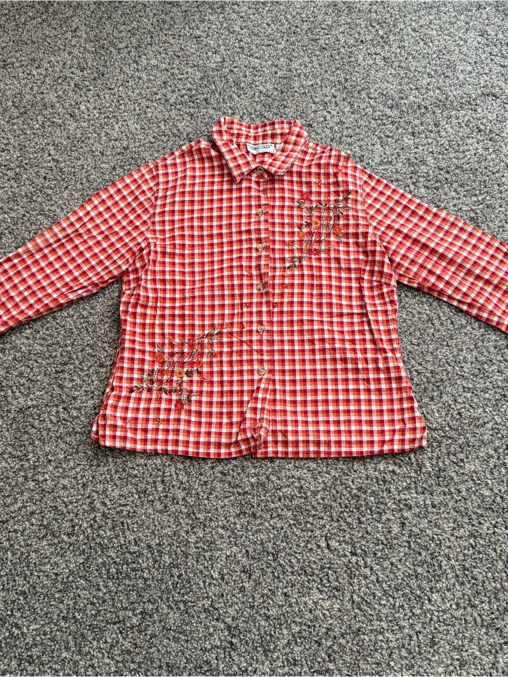 Cabin Creek Red Plaid Button-Down Shirt with Floral Embroidery